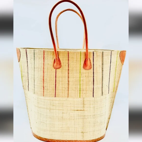 Two Tone Pinstripes Large Straw Tote Bag - Picture 1 of 2